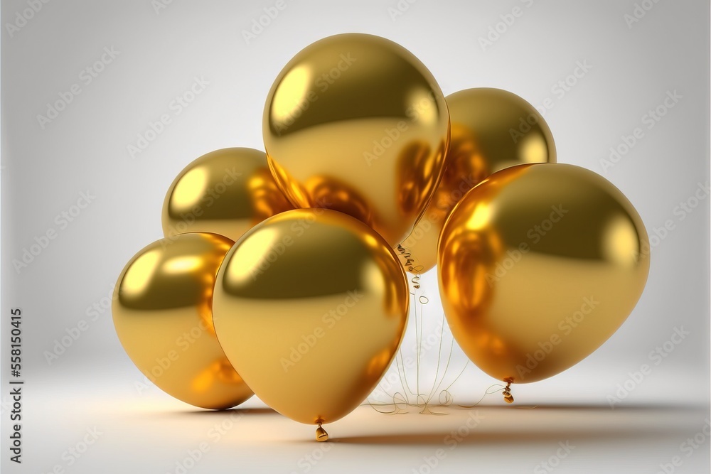 Aufkleber a bunch of shiny gold balloons floating in the air on a white background with a light reflection on 
