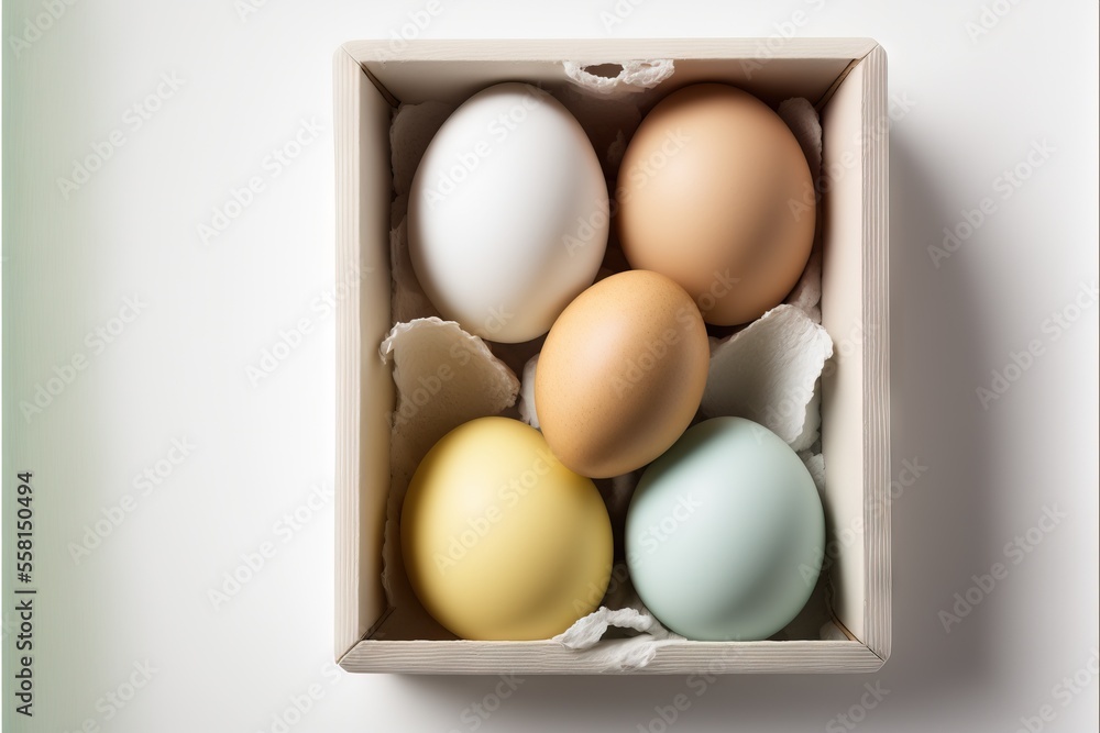 Poster a cardboard box filled with eggs on a white surface with a white wall in the background and a white 