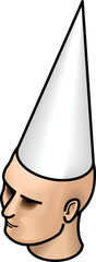 Man's head with a white dunce cap.