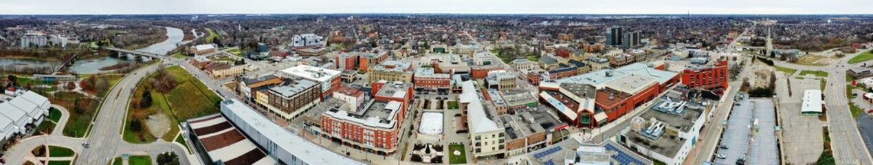 Aerial panorama view of Brantford, Ontario, Canada in winter
