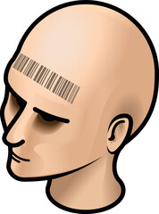 Woman's head with a barcode across her forehead.