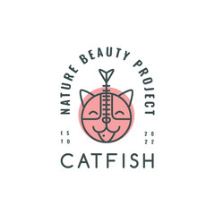 cat head face mammal with smile logo design line abstract