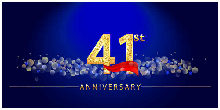 41 anniversary celebration. 41st anniversary celebration. 41 year anniversary celebration logo with glitter, confetti, red ribbon and blue background.	