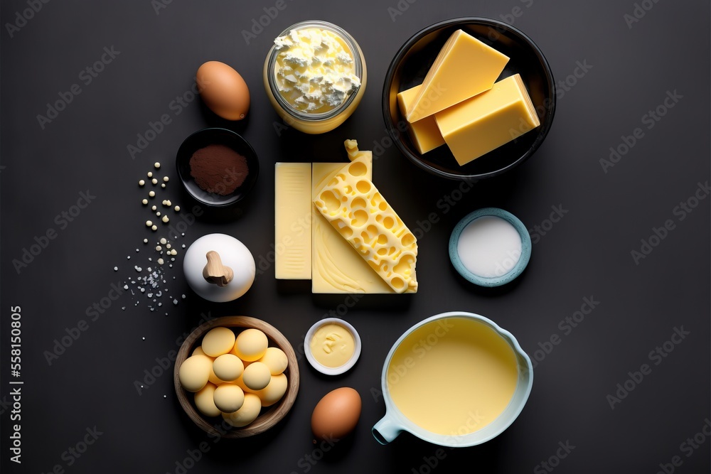 Poster a table topped with bowls of food and a cup of coffee next to eggs and butter on top of a black tabl