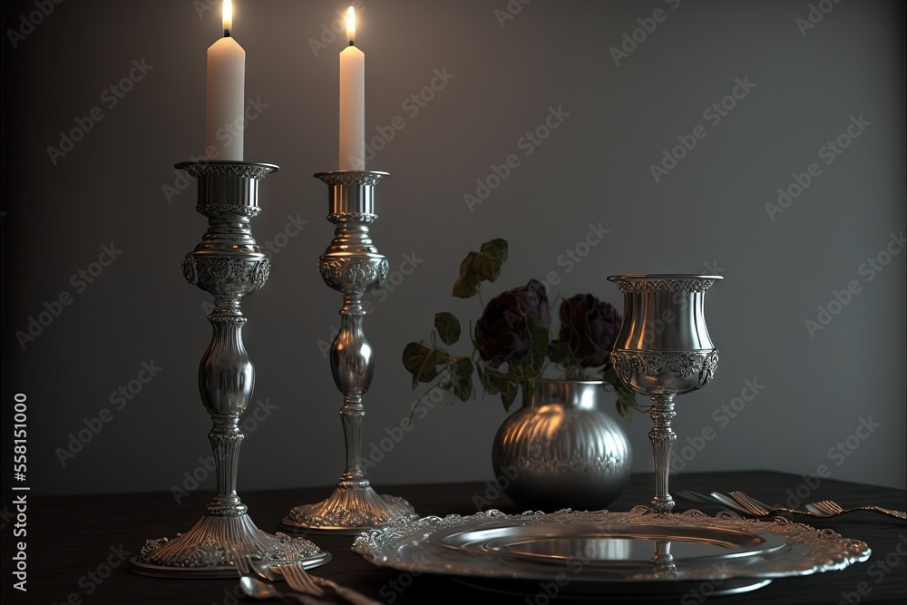 Poster a couple of silver candlesticks sitting on top of a table next to a plate with a vase on it and a va