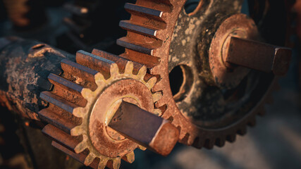 Close-up old industrial gear wheels., industry parts concept.