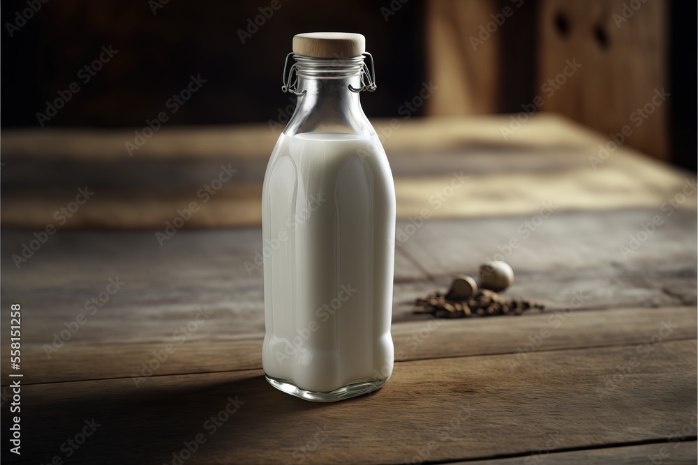 Poster a bottle of milk sitting on top of a wooden table next to a pile of nuts and a wooden table top with