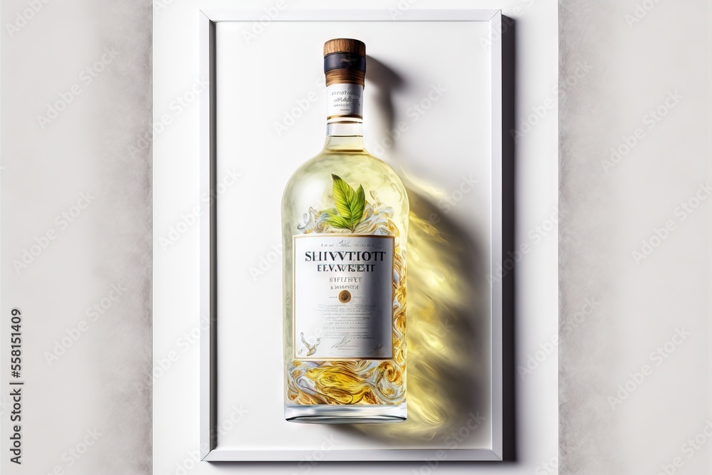 Poster a picture of a bottle of alcohol with a shadow on the wall behind it and a shadow of a leaf on the b