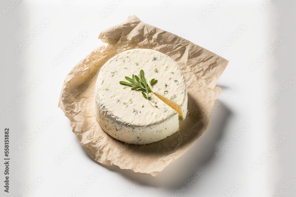 Aufkleber a piece of cheese with a sprig of rosemary on top of it on a piece of wax paper on a white surface w