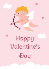 Valentine's Day greeting card. Cute cupid with bow and arrow. Template for greeting card, invitation, poster, banner, gift tag