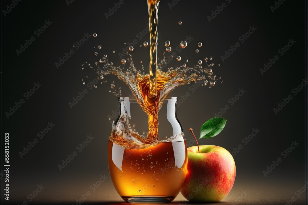 Poster an apple and a glass of apple cider with water splashing out of the top of the glass and an apple on