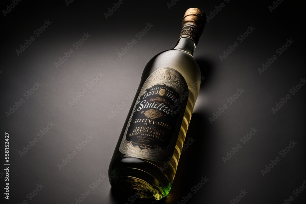 Aufkleber a bottle of wine sitting on top of a black table next to a bottle of wine with a cork in it's top an
