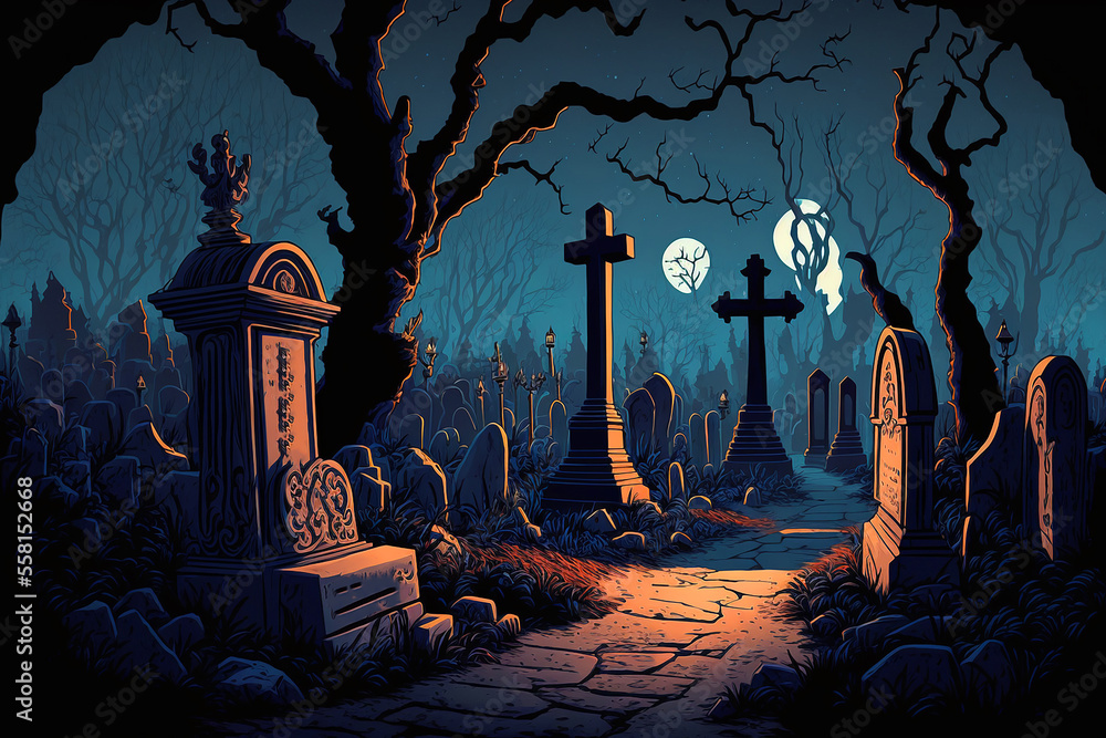 Wall mural zoom background, old cemetery filled with monsters on Halloween night. Generative AI