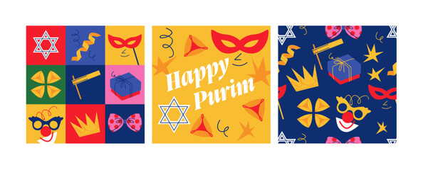 Obraz na płótnie Canvas Vector background with carnival symbols and traditional Jewish items. Happy Purim concept. Seamless pattern.