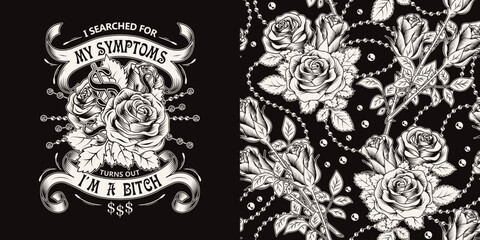 Set of pattern, emblem with text, ribbons, blooming roses, ball chains. Black background. Vector monochrome vintage illustration. For T-shirt, clothing, surface design