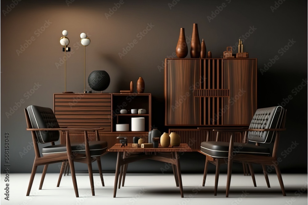 Poster a room with a table, chairs, and a shelf with vases on it and a lamp on the side of the table and a 
