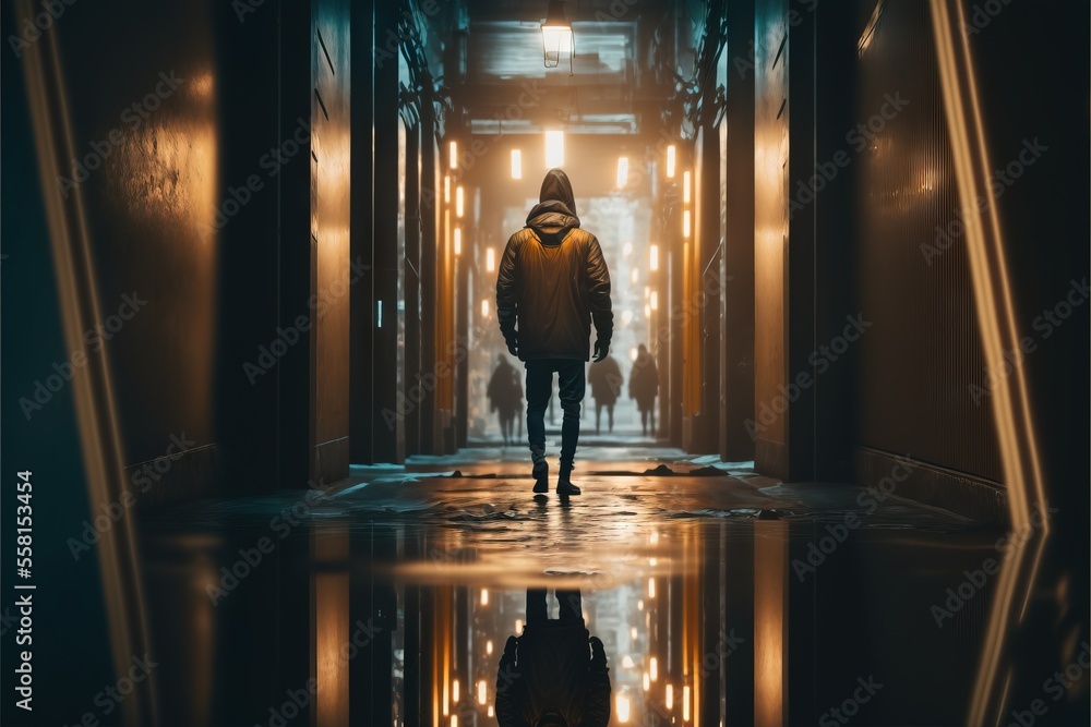 Aufkleber a person walking down a hallway in a building with a bright light on the ceiling and a reflection on