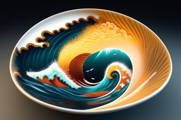 A colorful bowl in a Japanese style, depicting a great wave with koi