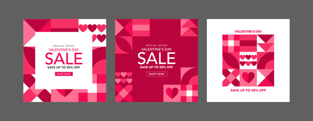 Valentine's Day holidays square templates.Social media post with geometric hearts.Sales promotion on Valentine's Day.Vector illustration for greeting card, mobile apps, banner design and web ads