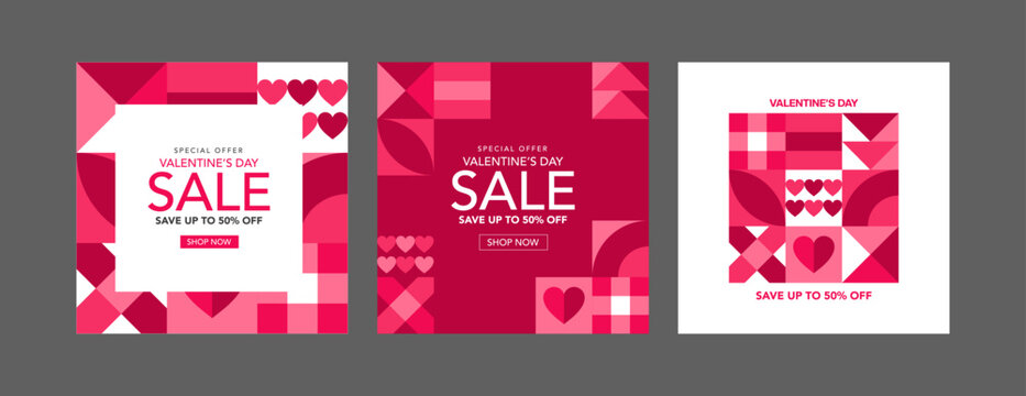 Valentine's Day holidays square templates.Social media post with geometric hearts.Sales promotion on Valentine's Day.Vector illustration for greeting card, mobile apps, banner design and web ads