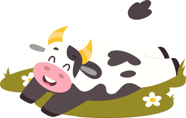 Happy cow in meadow flat icon Funny domestic animal
