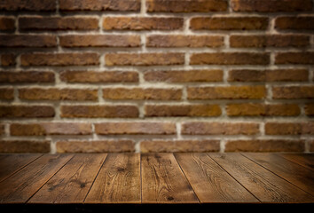 An empty wooden countertop against a red brick wall. Home interior. Copy space