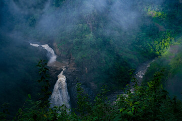 Areal view of beautiful mist covered Magod waterfalls, Yellapur,Karnataka,India