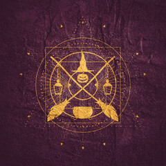 Broomsticks, witch hat and caldron. Mystical vintage gothic geometry Halloween symbol