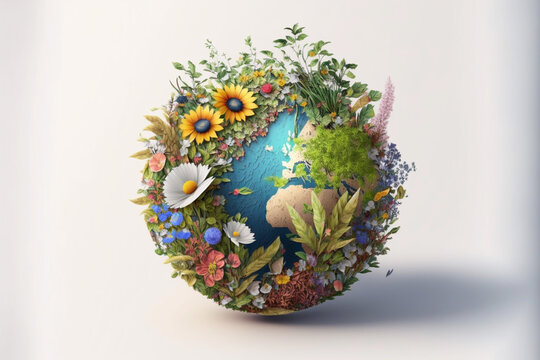 beautiful planet earth made of flowers and sprouting plants, save the planet, planet day, the world inside the globe, renew , generative ai