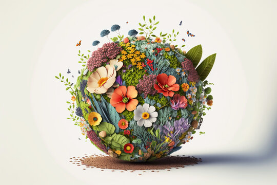 beautiful planet earth made of flowers and sprouting plants, save the planet, planet day, the world inside the globe, renew , generative ai
