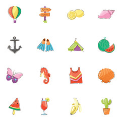 Pack of Summer Holidays Doodle Flat Icons 


