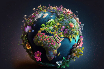 beautiful planet earth made of flowers and sprouting plants, save the planet, planet day, the world inside the globe, renew, generative ai