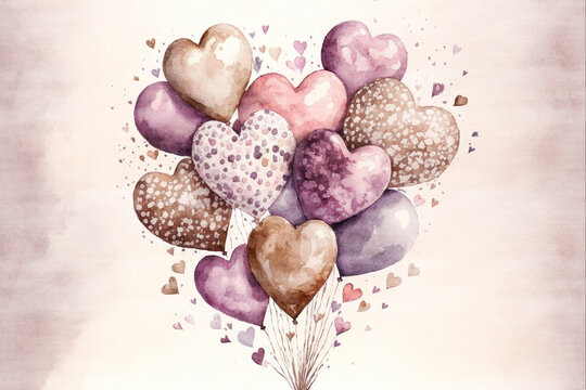 heart shape balloons, valentine love background, card, watercolour style, Generative AI