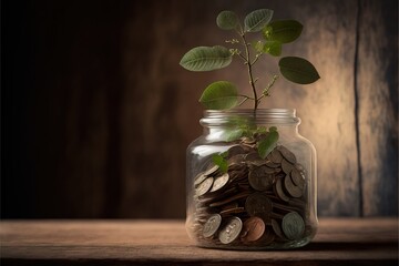 a glass jar filled with coins and a plant growing out of the top of the jar with leaves on top of the top of the jar, on a wooden table, with a dark background., generative ai - obrazy, fototapety, plakaty