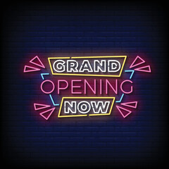 neon sign grand opening now with brick wall background vector illustration