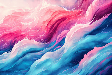 Fototapeta na wymiar An abstract watercolor background featuring waves of blue and pink, with a visible paint watercolor texture, illustration digital generative ai design art style