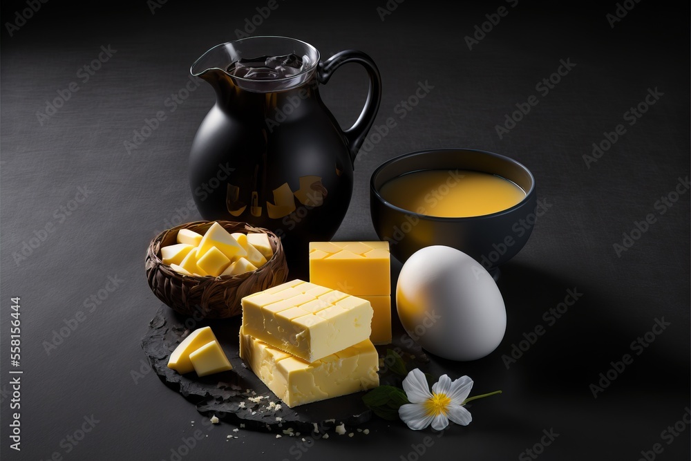 Poster a table topped with a pitcher of liquid and a bowl of butter next to a bowl of butter and a bowl of 