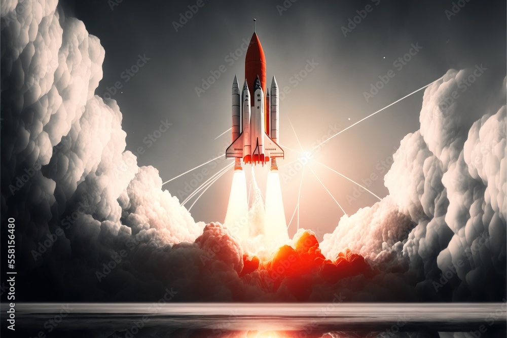 Poster a red and white rocket taking off into the sky with clouds and sun shining through the clouds and th