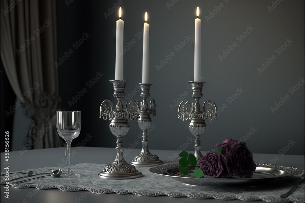 Poster a table with a plate of food and a candle holder with a flower on it and a glass of wine on the side