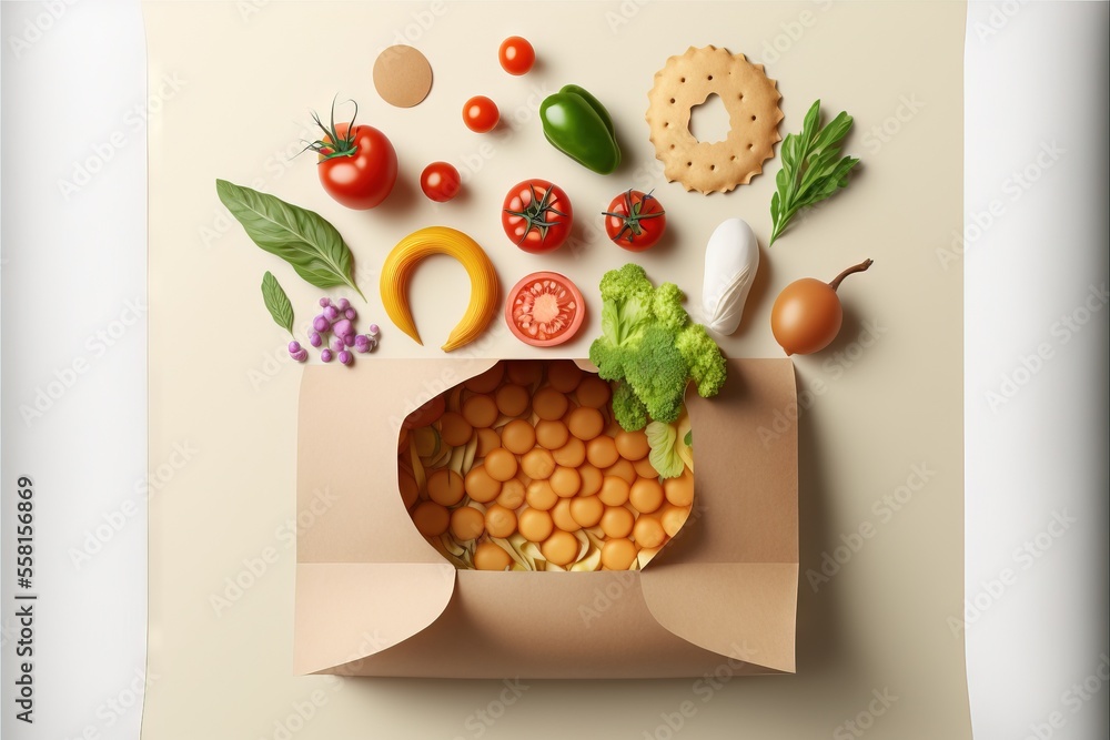 Aufkleber a paper bag filled with lots of different types of food on top of a white tablecloth covered in vege