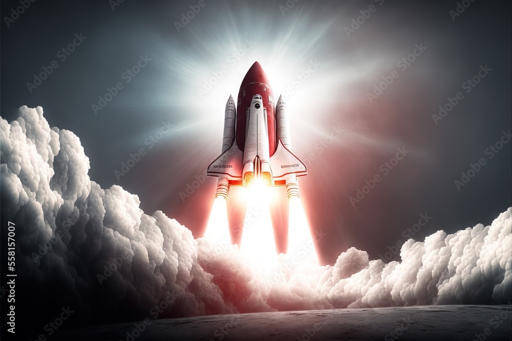 Poster a red and white space shuttle flying through the air with clouds around it and a bright light coming