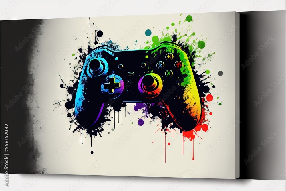 Poster a painting of a video game controller on a white background with a splash of paint on the side of th
