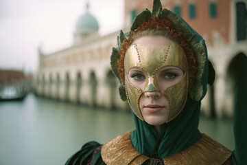 Fototapeta na wymiar Beautiful young woman with mysterious look, Venetian mask. Famous carnival in Venice, Italy. Created with Generative AI technology.