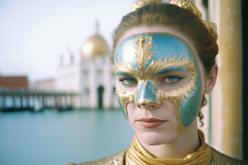 Fototapeta na wymiar Venetian mask . Carnival mask in Venice, Italy. Carnival Venice. portrait of Costumed woman at the Venetian Parade. Created with Generative AI technology.