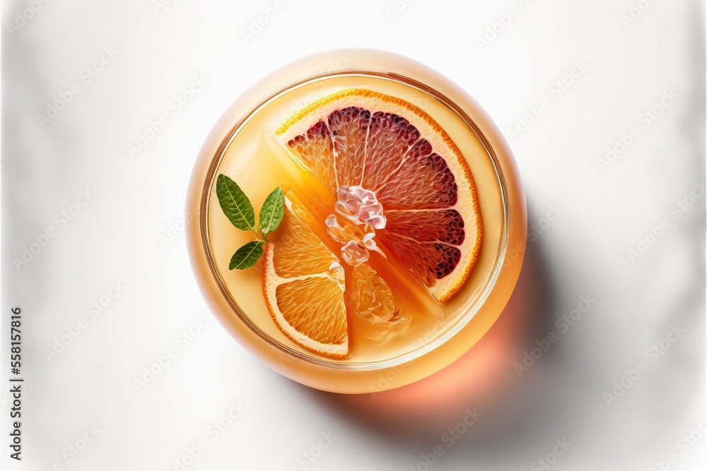 Poster a drink with orange slices and mint on a white background with a shadow of a glass with a drink in i