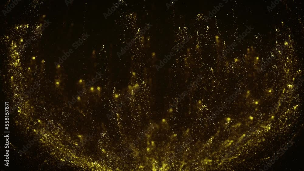 Poster abstract gold particles rising background/ 4k animation of an abstract 3d rendered background of bur