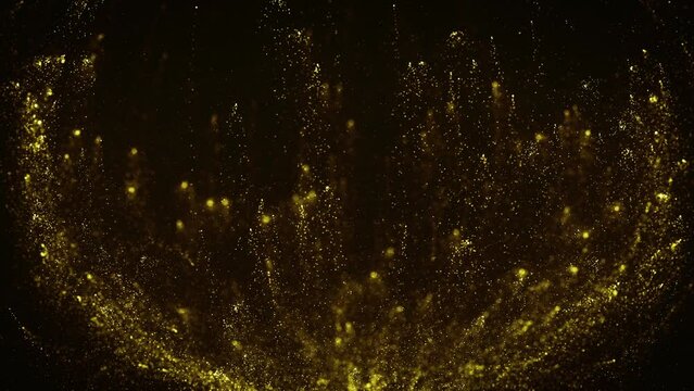 Abstract Gold Particles Rising Background/ 4k animation of an abstract 3d rendered background of bursting gold particles scenery slowly spinning with depth of field and glow shining effect 