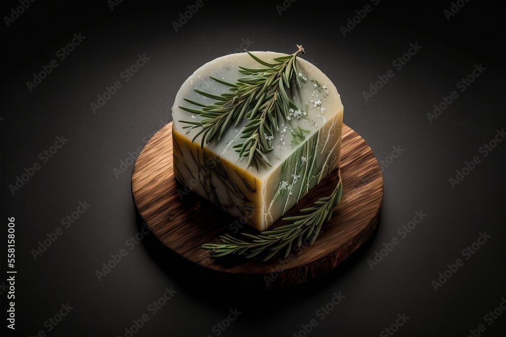 Poster a piece of soap with a sprig of rosemary on top of it on a wooden plate on a black surface with a bl