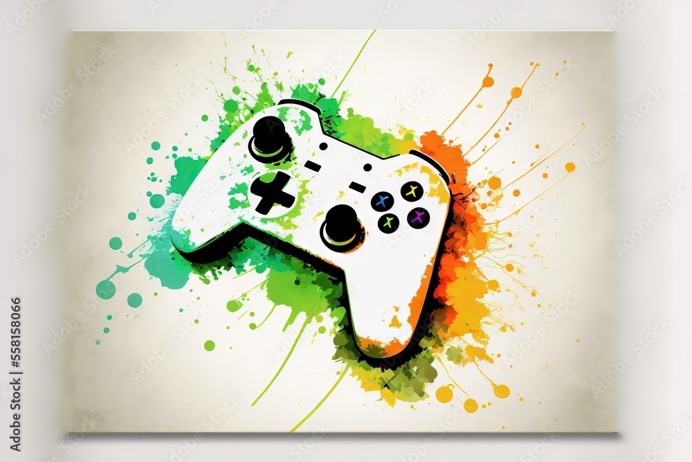 Aufkleber a picture of a video game controller on a white background with a splash of watercolor paint behind 