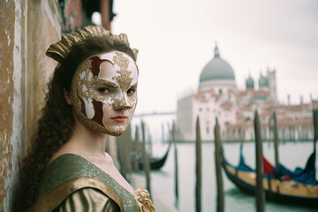 Naklejka na ściany i meble Beautiful young woman with mysterious look, Venetian mask. Famous carnival in Venice, Italy. Created with Generative AI technology.